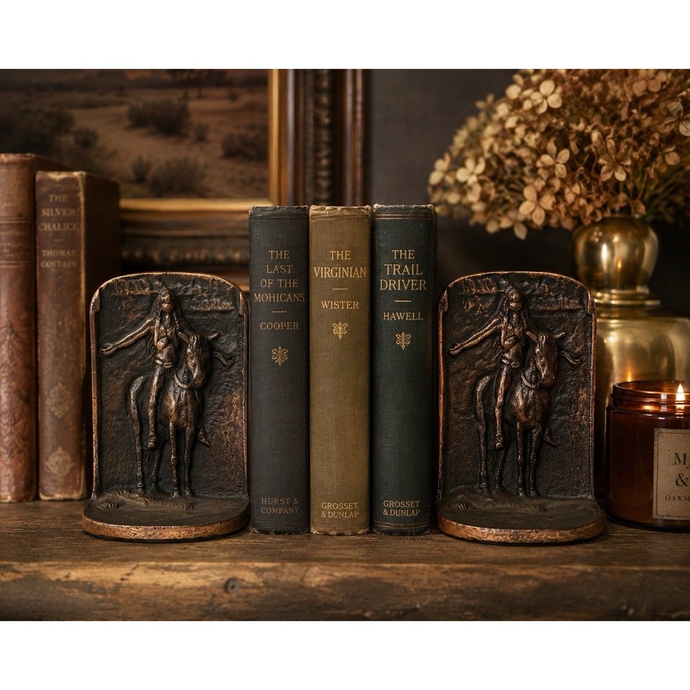 Vintage Native American Indian Warrior w/ Spear on Horse Old Metal Bookends Pair